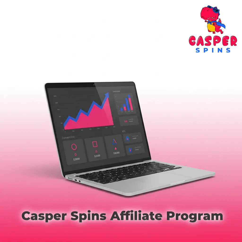 Casper Spins affiliate dashboard: clicks, FTDs, NGR; icons for rev share/CPA plans, payouts, promo assets, account manager.