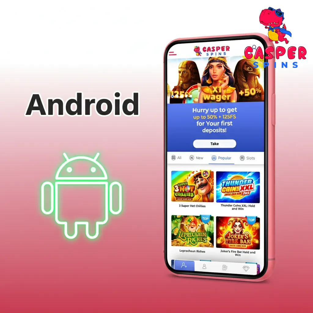 Android phone showing Chrome menu to Install app/Add to Home screen and add Casper Spins shortcut for full-screen play.