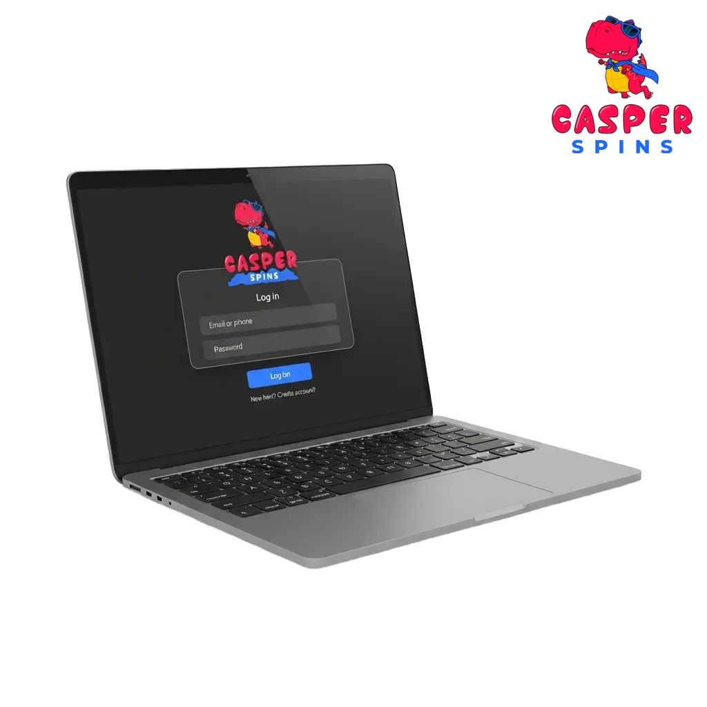 Casper Spins UK login page with email/mobile/username and password fields, 2FA option, app and website sign-in.