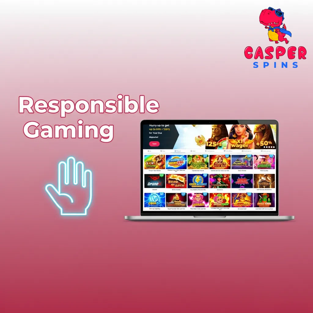 Responsible gaming banner with icons for limits, reality checks, time-outs, self-exclusion, age verification, and support.