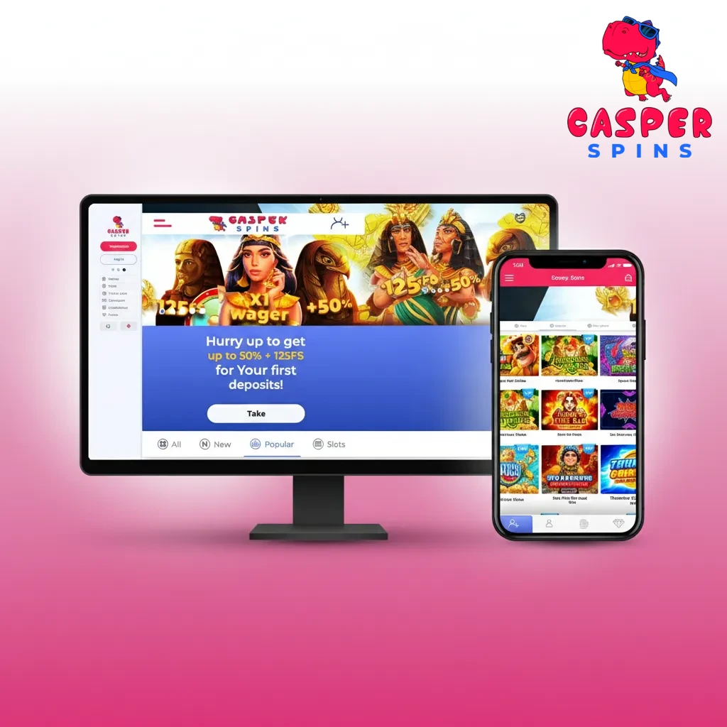 Casper Spins UI with top nav: Sports, Live, Esports, Casino, Help; header account, deposit, bet slip; search and filters.