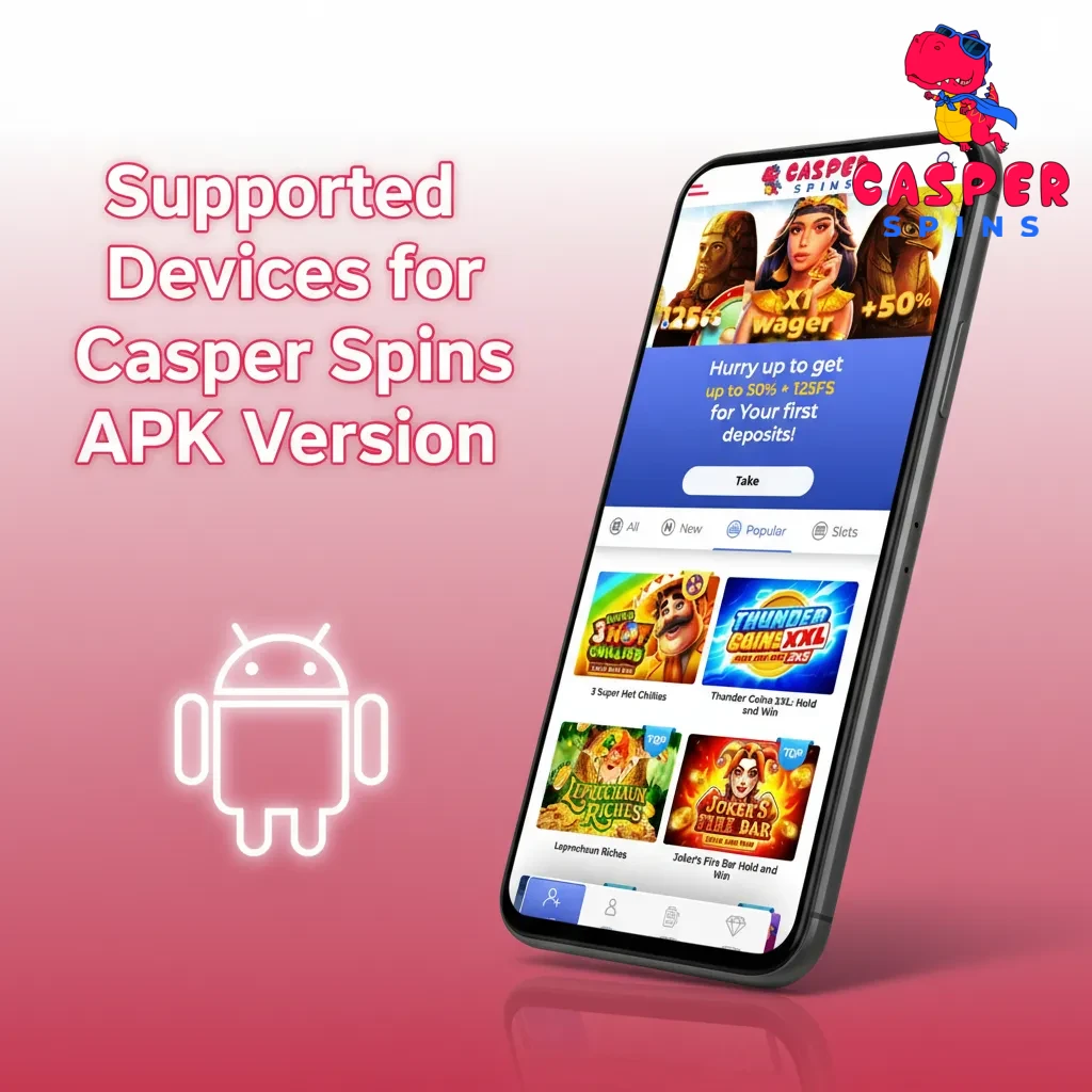 Casper Spins APK supported devices: Android 8.0+, UK models from Samsung, Sony, Huawei, OnePlus, Oppo, Google, Xiaomi, Poco.