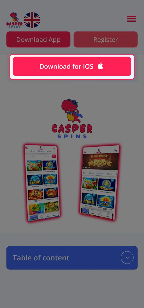 Open the Casper Spins app download.