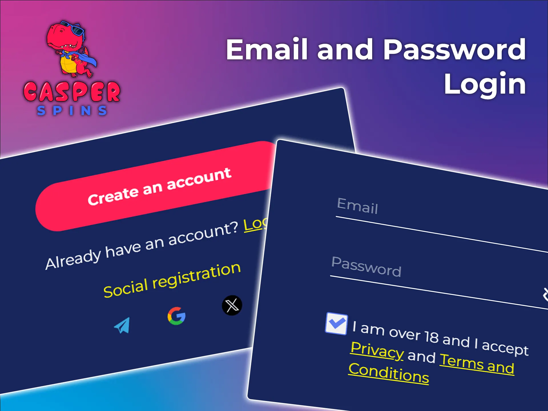 Choose a convenient way to log in to your Casper Spins account.
