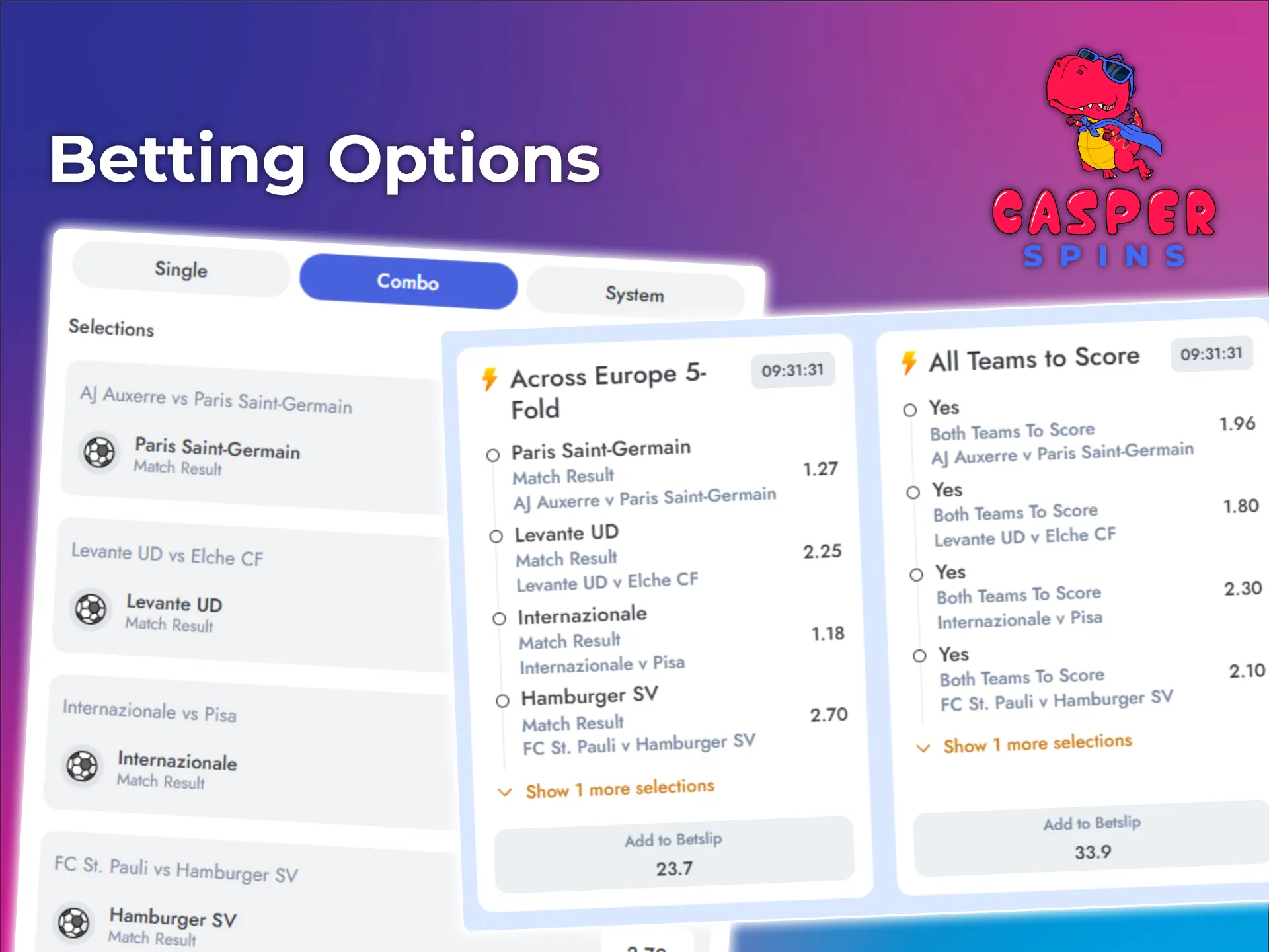 Choose convenient betting options at Casper Spins.
