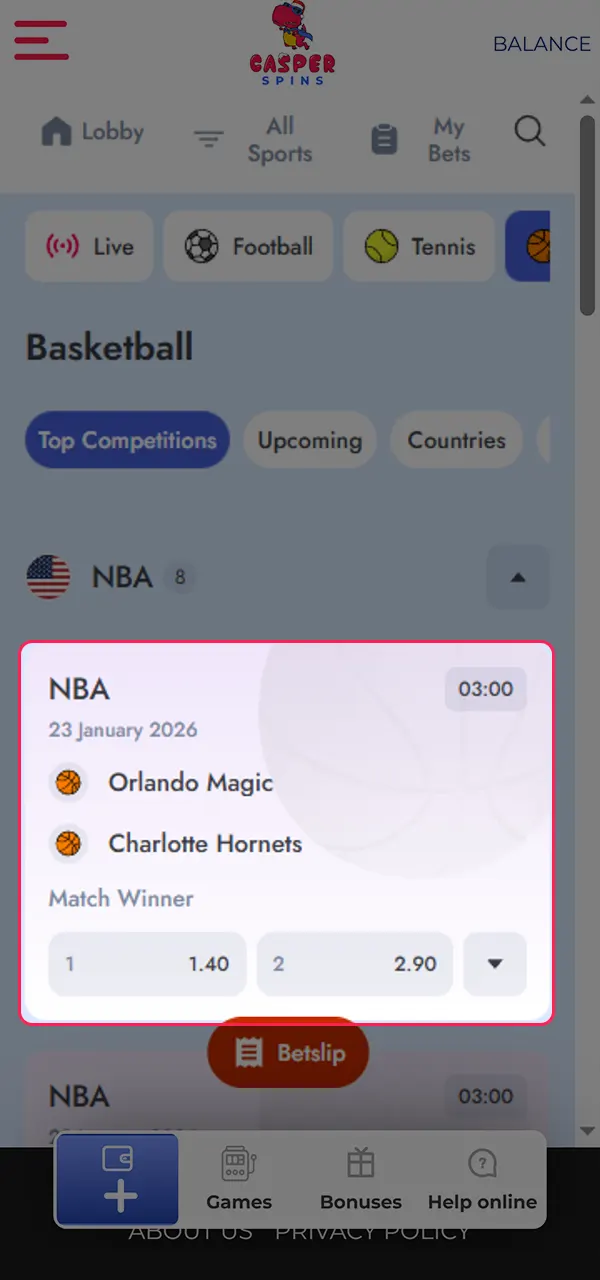 Select the desired market for betting at Casper Spins.