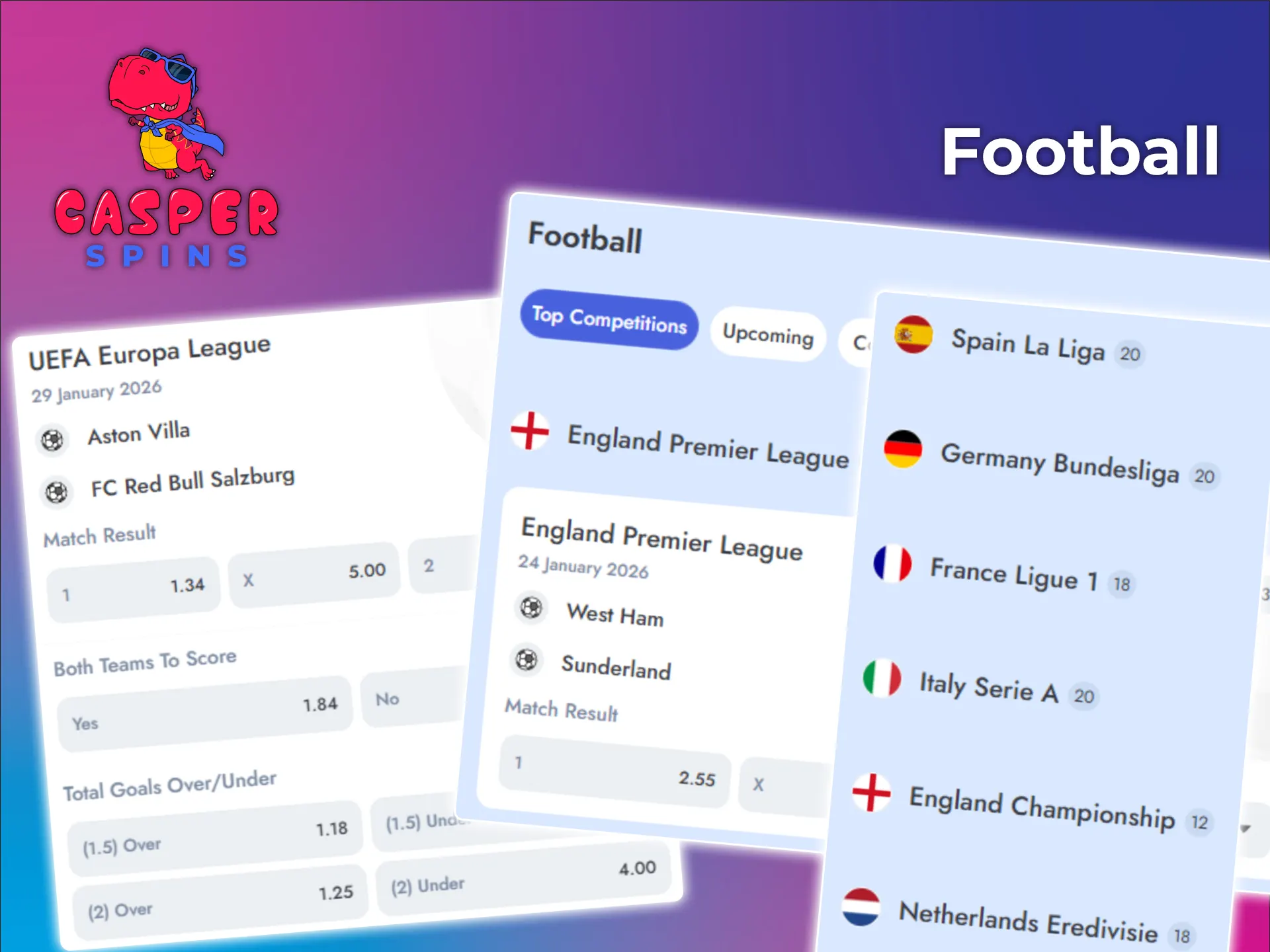 Place bets on your favorite soccer matches at Casper Spins.