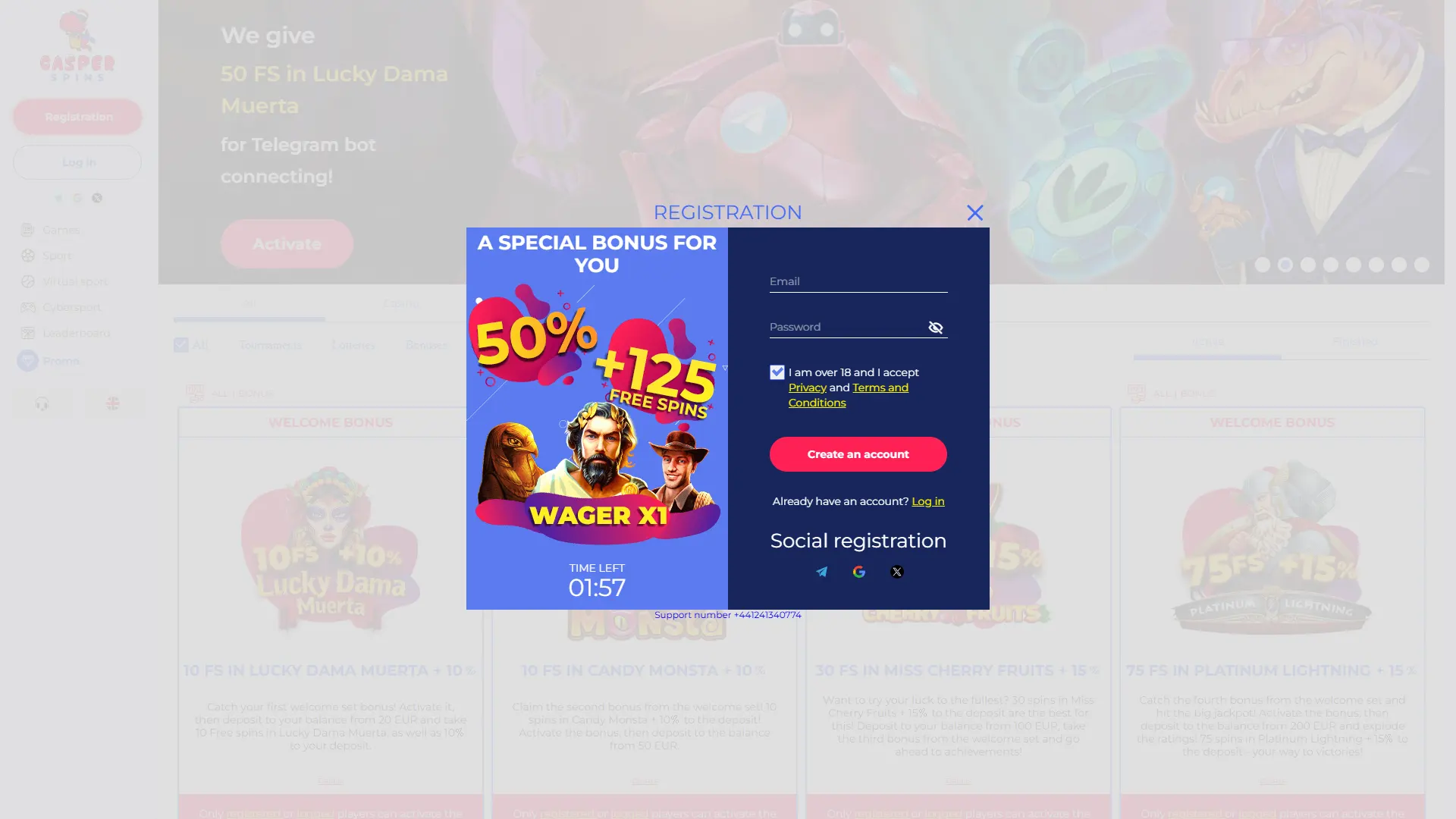 Create an account at Casper Spins Casino.