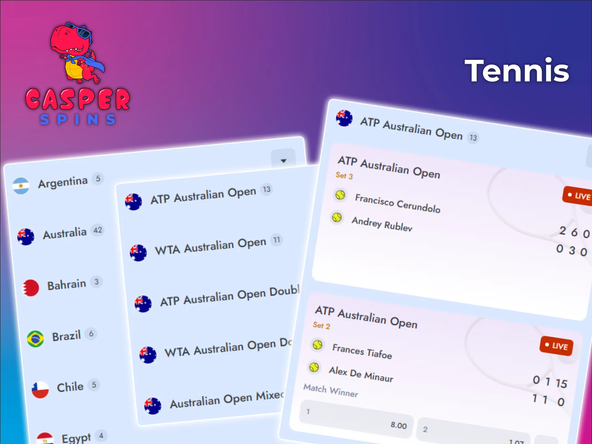 Bet on tennis matches and win at Casper Spins.