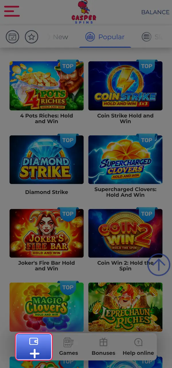 Open the cashier to withdraw funds from Casper Spins.